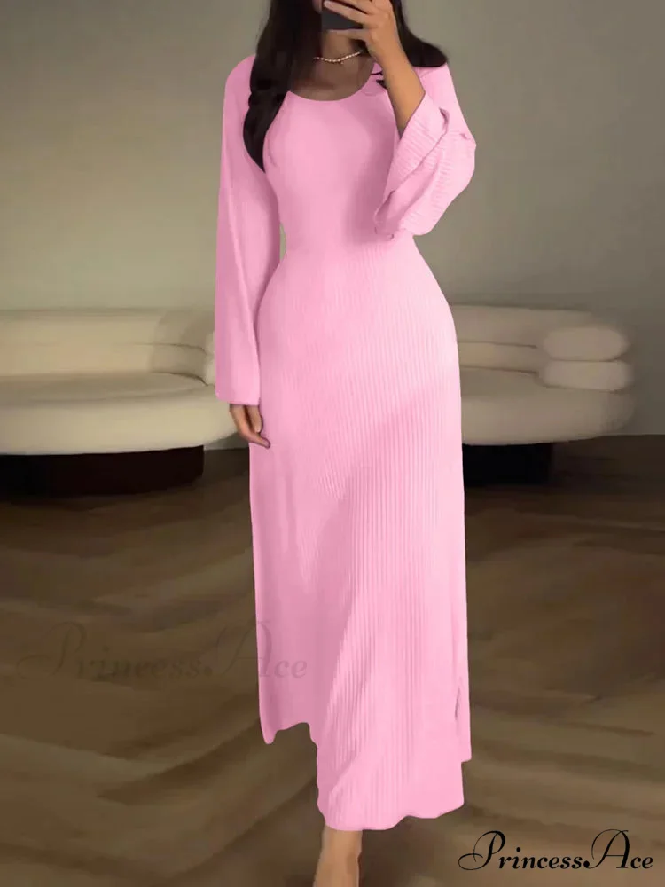 Patchwork Bandaged Round-necked Slim-fitted Long-sleeved Street-ready Ankle-length Maxi Dress - Image 3