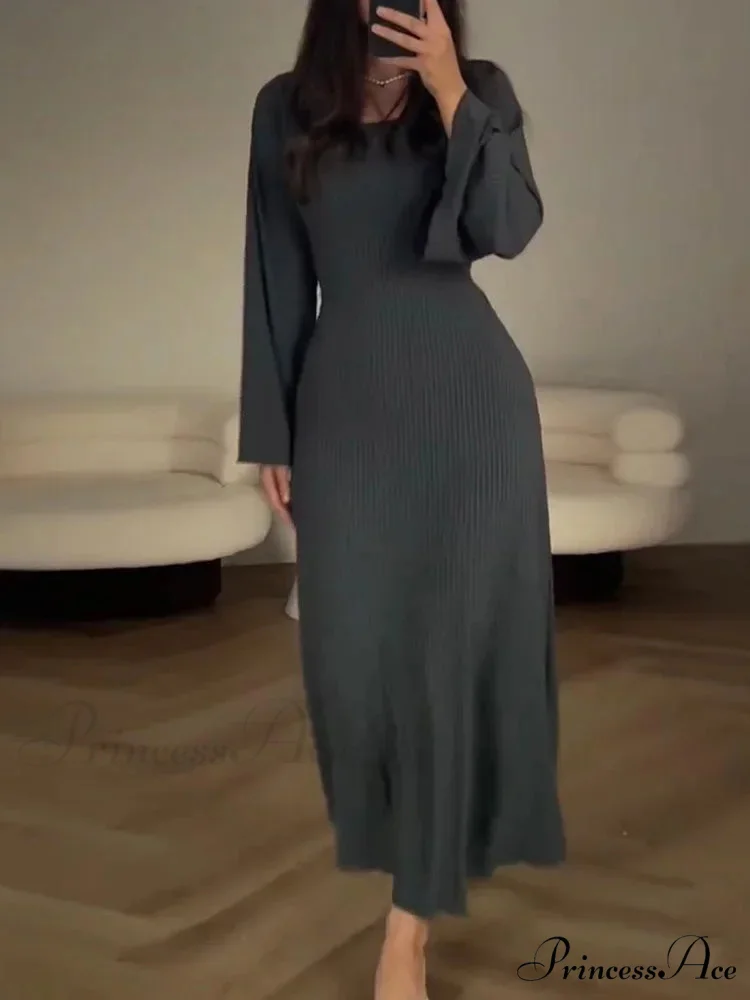 Patchwork Bandaged Round-necked Slim-fitted Long-sleeved Street-ready Ankle-length Maxi Dress - Image 4