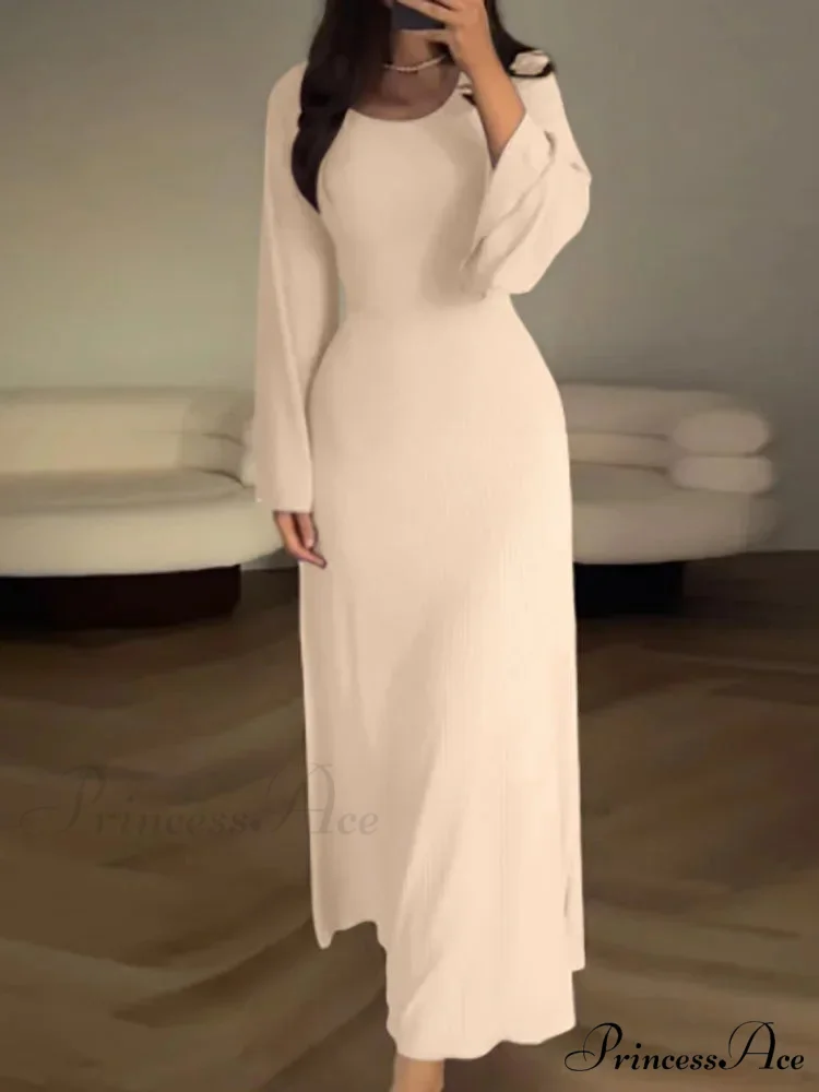 Patchwork Bandaged Round-necked Slim-fitted Long-sleeved Street-ready Ankle-length Maxi Dress - Image 6
