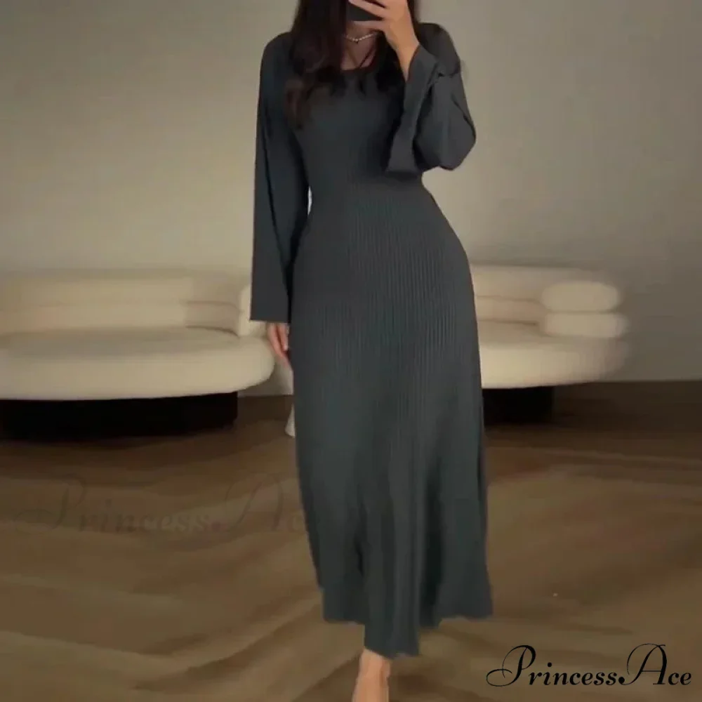 Patchwork Bandaged Round-necked Slim-fitted Long-sleeved Street-ready Ankle-length Maxi Dress - Image 7