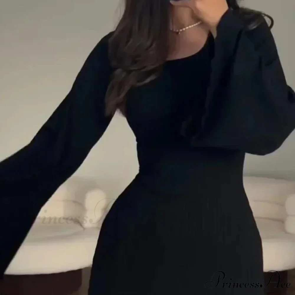 Patchwork Bandaged Round-necked Slim-fitted Long-sleeved Street-ready Ankle-length Maxi Dress - Image 8
