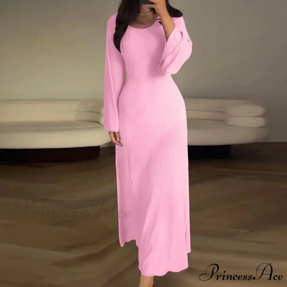 Patchwork Bandaged Round-necked Slim-fitted Long-sleeved Street-ready Ankle-length Maxi Dress - Image 9