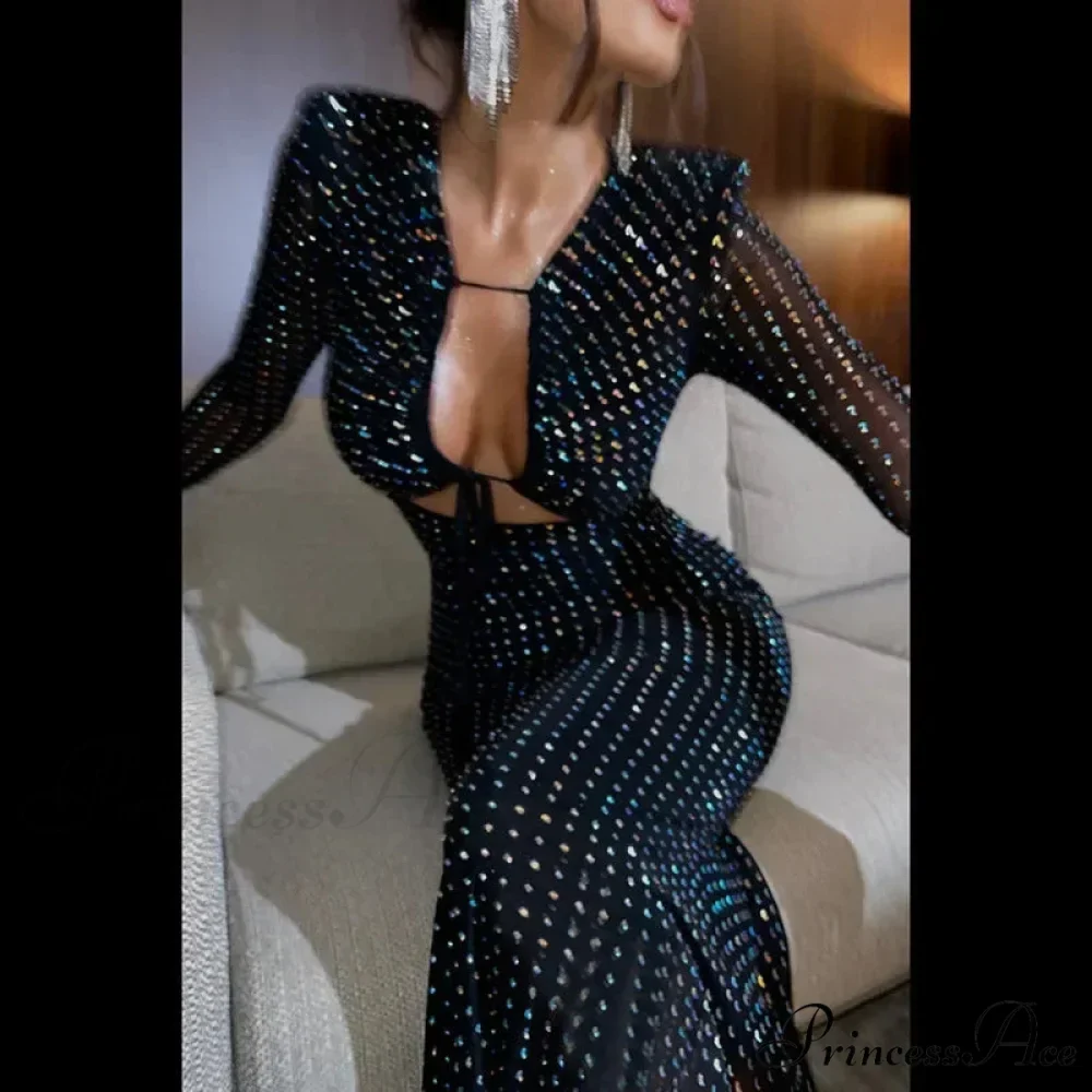 Sequined Hollow Long-sleeved Body-hugging Party-ready Clubwear Sensual Midi Dress - Image 4