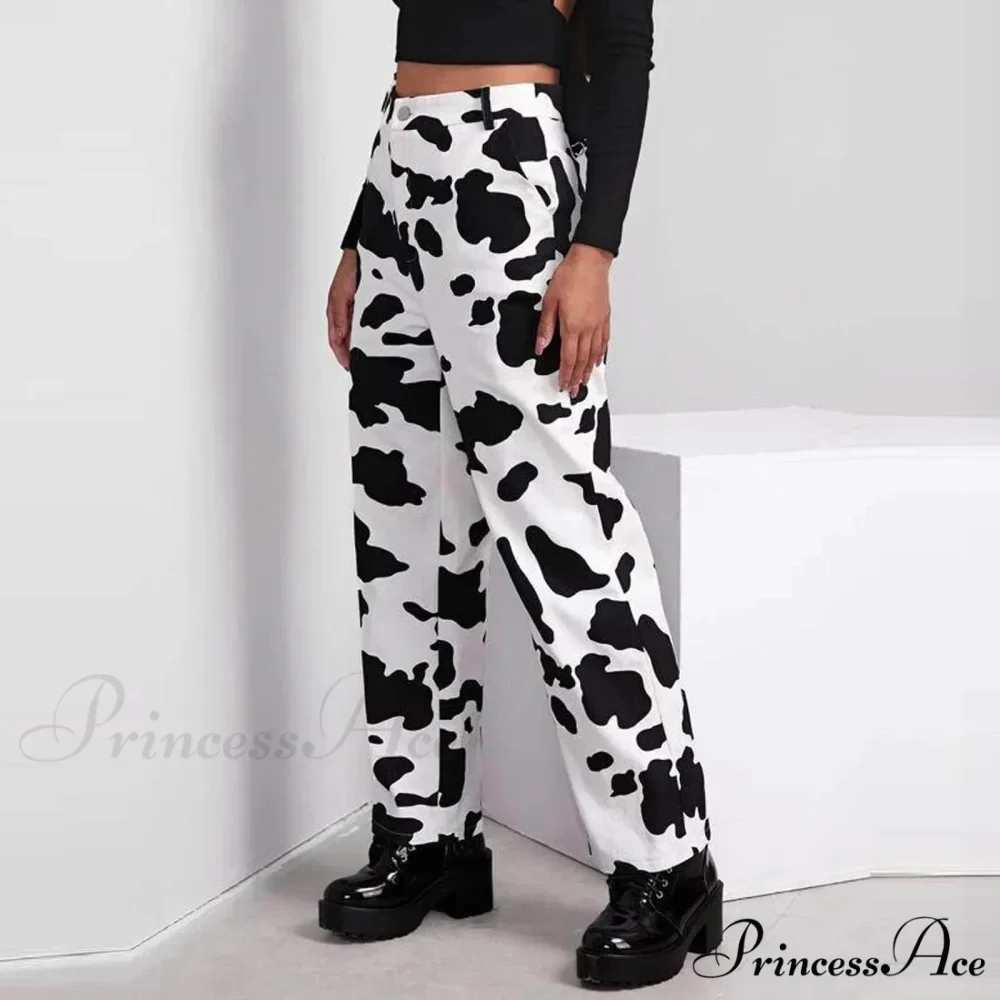 Wide Leg Waist White Cow Print Jeans - Image 2