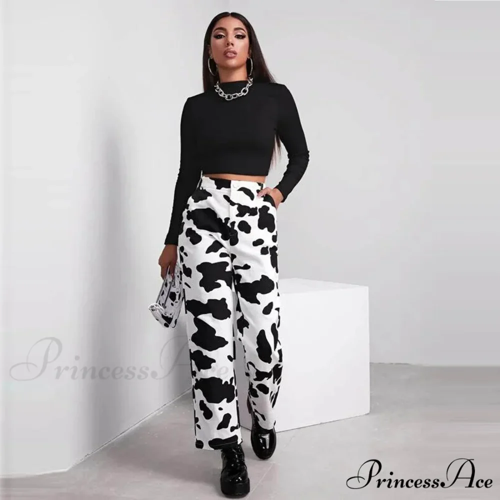 Wide Leg Waist White Cow Print Jeans - Image 3
