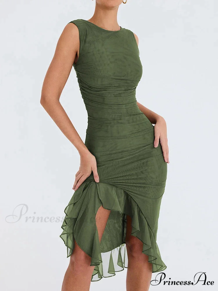 Ruffled Ruched Summer-ready Backless Sleeveless Irregular Sensual Midi Dress - Image 2