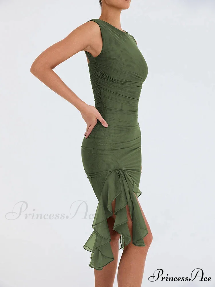 Ruffled Ruched Summer-ready Backless Sleeveless Irregular Sensual Midi Dress - Image 3