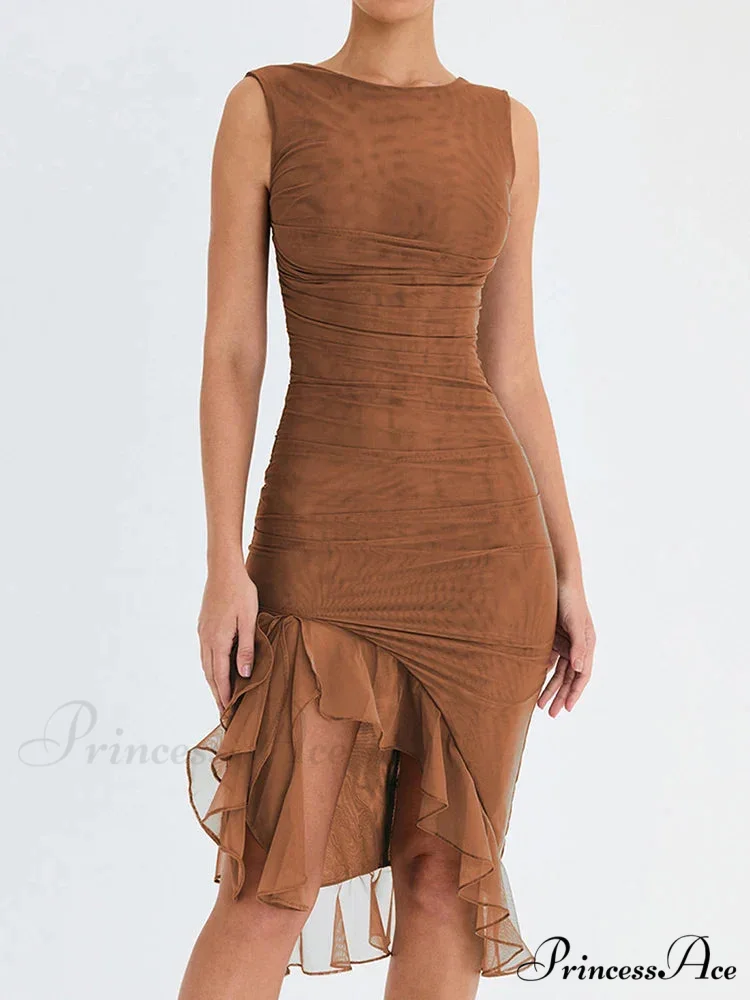 Ruffled Ruched Summer-ready Backless Sleeveless Irregular Sensual Midi Dress - Image 7