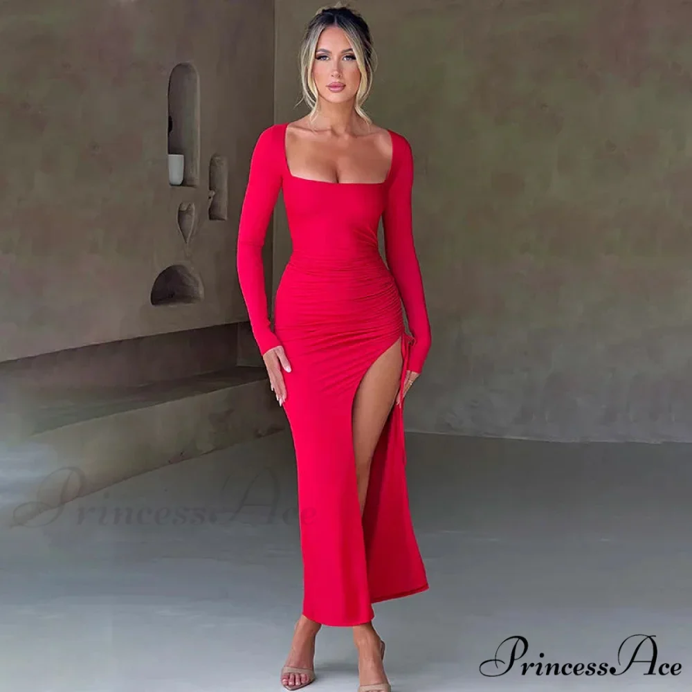 Drawstring Ruched High-split Club-ready Square-necked Long-sleeved Sensual Midi Dress - Image 2