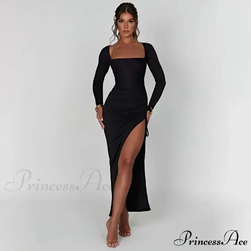Drawstring Ruched High-split Club-ready Square-necked Long-sleeved Sensual Midi Dress - Image 4