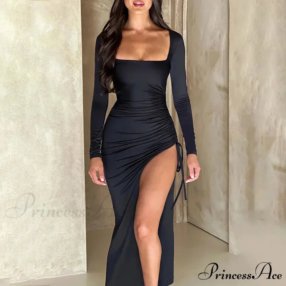 Drawstring Ruched High-split Club-ready Square-necked Long-sleeved Sensual Midi Dress - Image 5