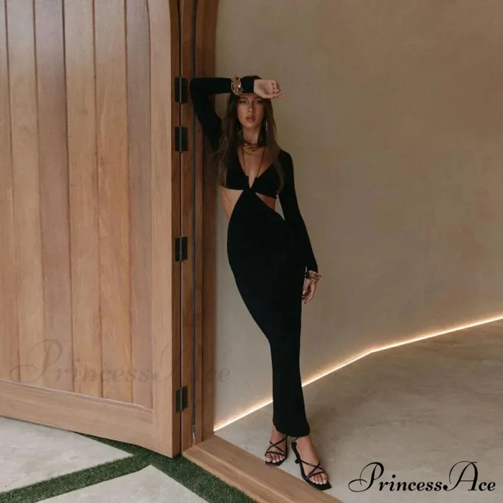 Autumnal Long-sleeved Halter-necked Black Split Skinny Sensual Maxi Dress - Image 2