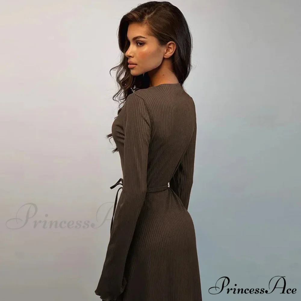 Ribbed Knitted Tie-detailed Fashionable Club-ready Birthday Autumnal Maxi Dress - Image 3