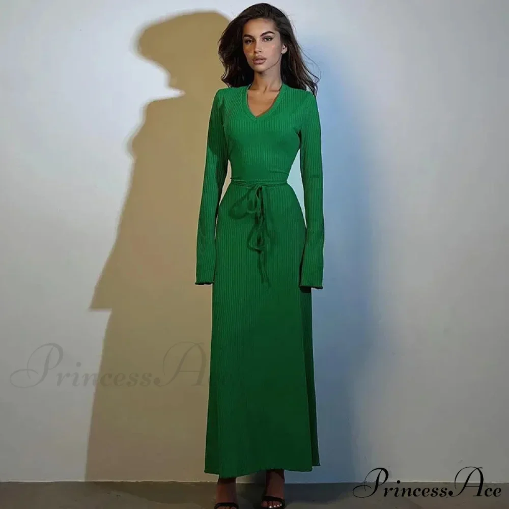 Ribbed Knitted Tie-detailed Fashionable Club-ready Birthday Autumnal Maxi Dress - Image 4