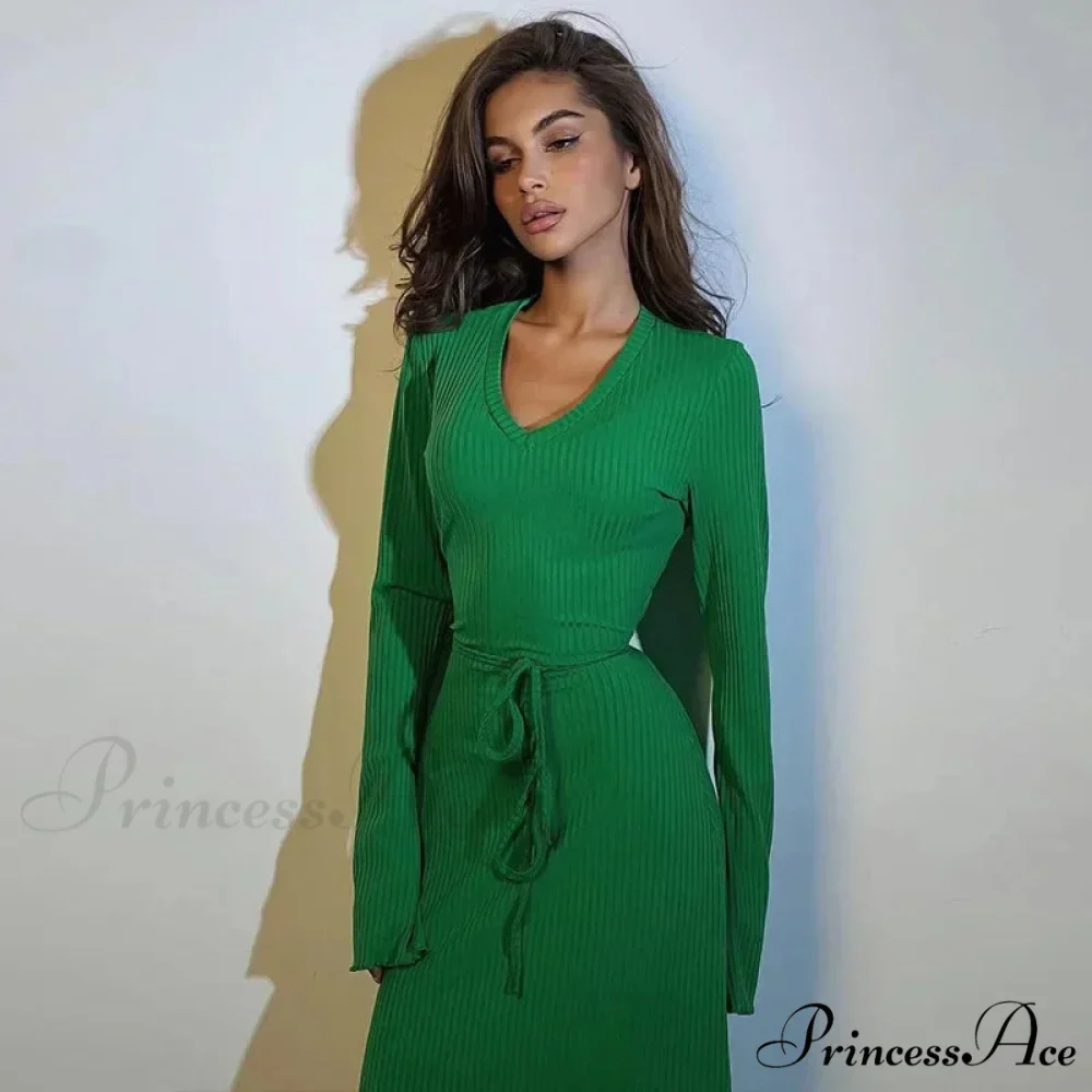 Ribbed Knitted Tie-detailed Fashionable Club-ready Birthday Autumnal Maxi Dress - Image 5