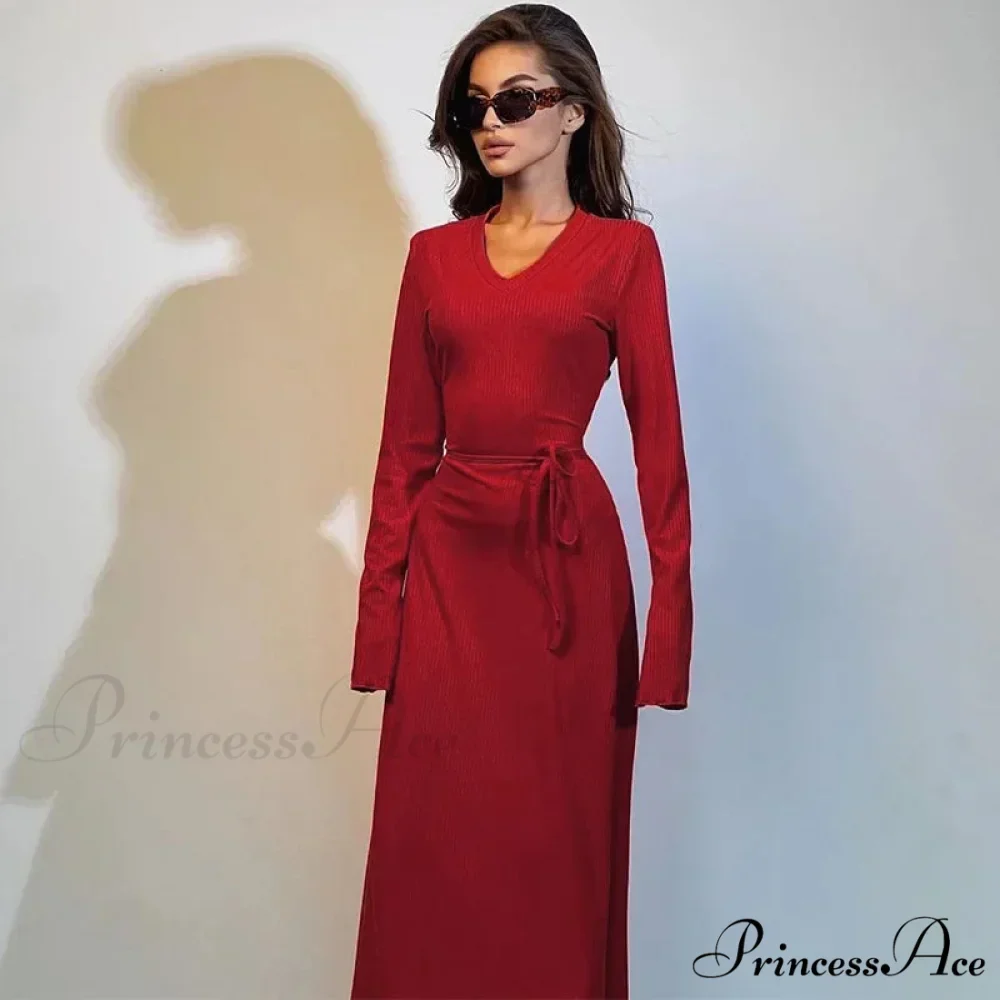 Ribbed Knitted Tie-detailed Fashionable Club-ready Birthday Autumnal Maxi Dress - Image 6