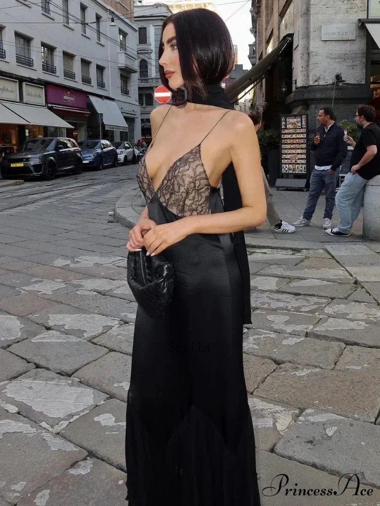 Lace-spliced Deep V-necked Meshed Tempting Clubwear-ready Evening Feminine Midi Dress - Image 2