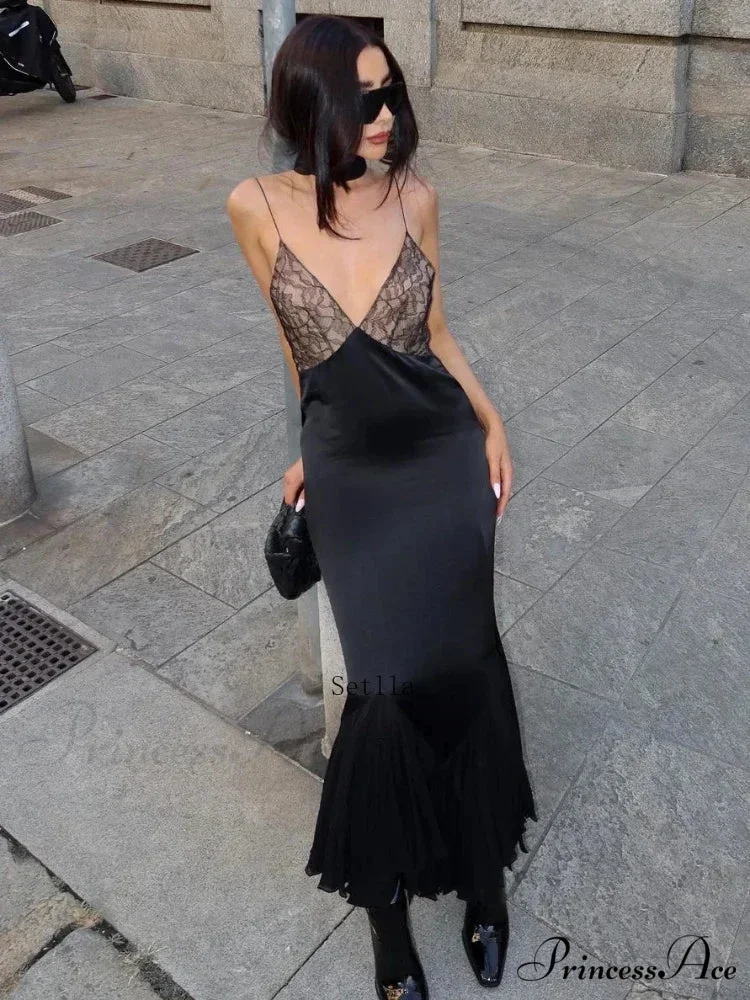 Lace-spliced Deep V-necked Meshed Tempting Clubwear-ready Evening Feminine Midi Dress - Image 3