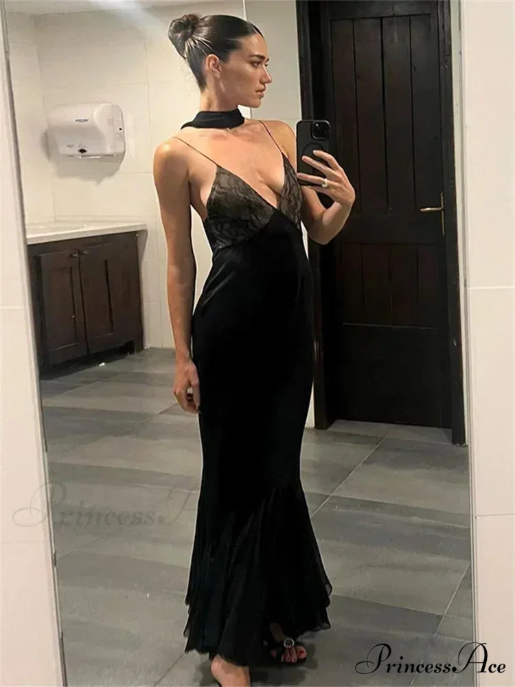 Lace-spliced Deep V-necked Meshed Tempting Clubwear-ready Evening Feminine Midi Dress - Image 5