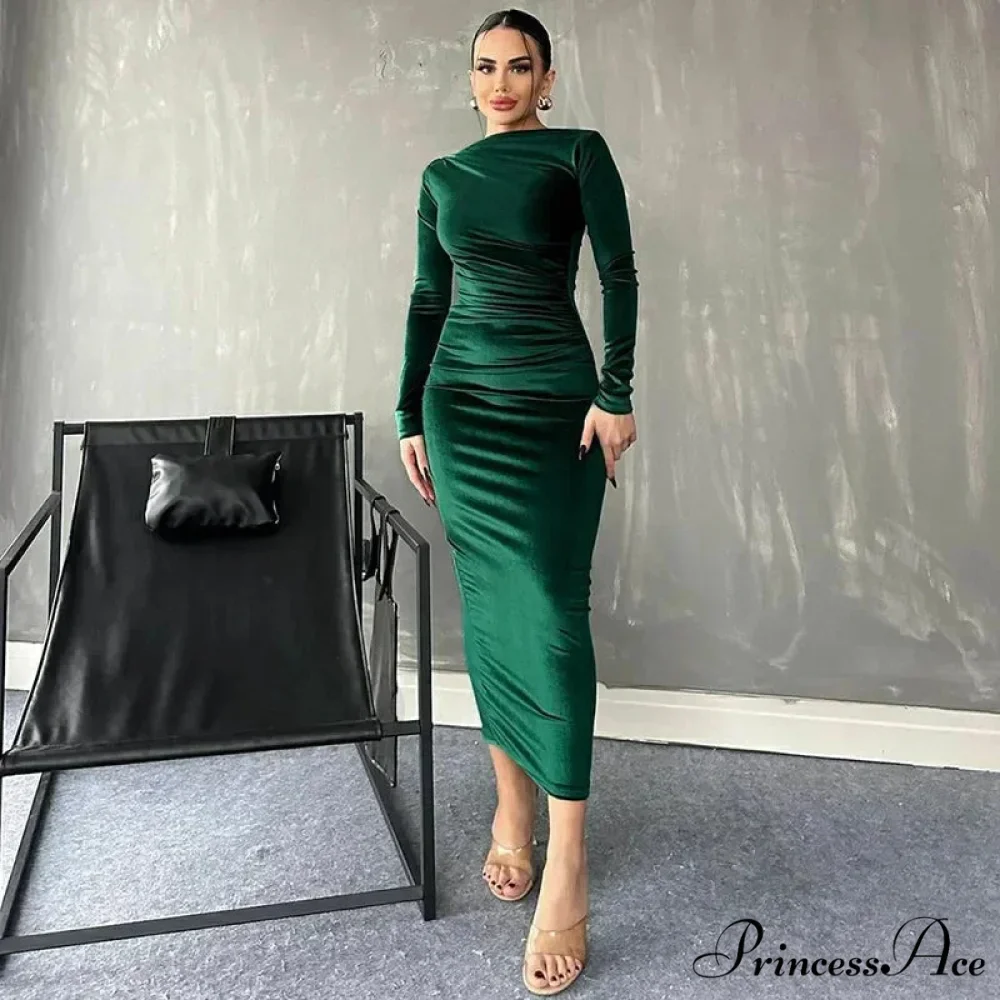 Ruched Long-sleeved Body-hugging Autumnal Elegant Club-ready Skinny Midi Dress - Image 2