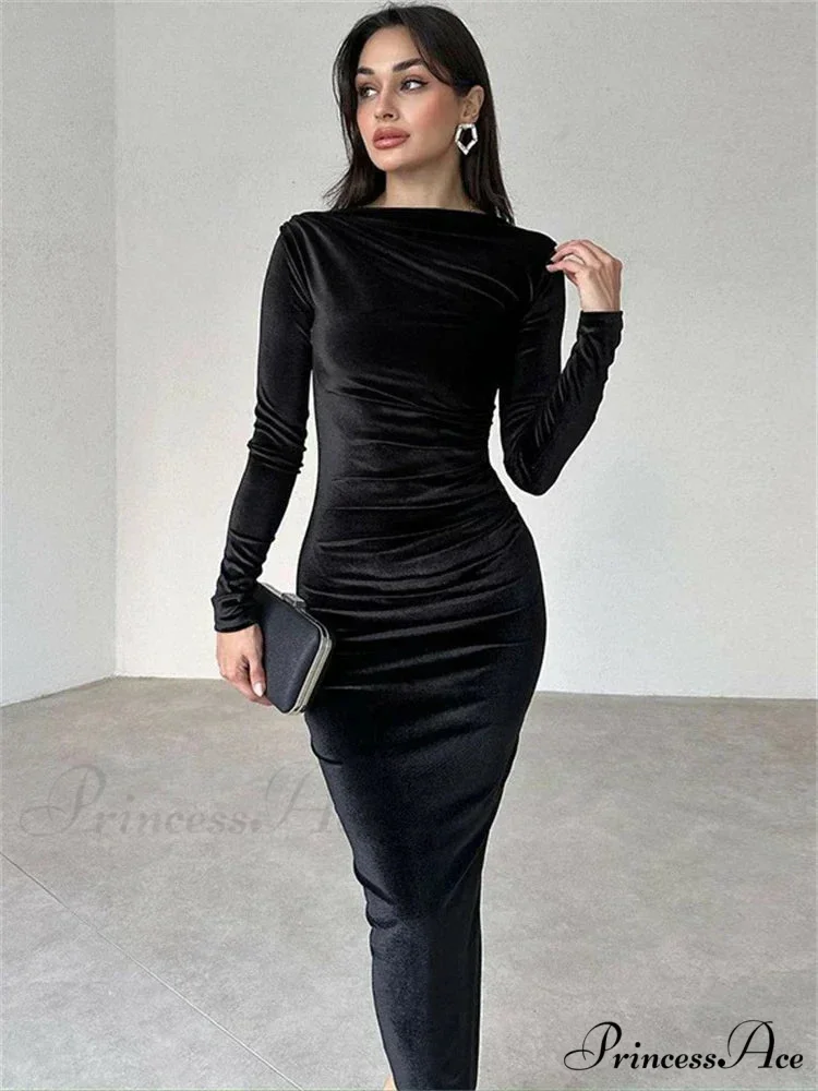 Ruched Long-sleeved Body-hugging Autumnal Elegant Club-ready Skinny Midi Dress - Image 5