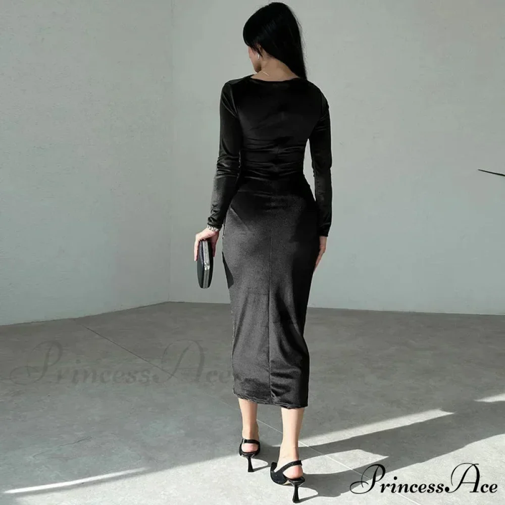 Ruched Long-sleeved Body-hugging Autumnal Elegant Club-ready Skinny Midi Dress - Image 6