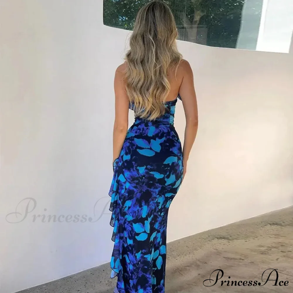 Halter Ruffled Lace-up Bandaged Printed Split Fashionable Midi Dress - Image 3