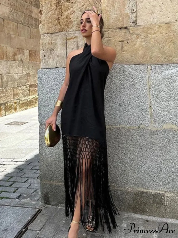 Stylish Fashionable Backless Ruffled Crossed Tasseled Sleeveless Midi Dress - Image 2