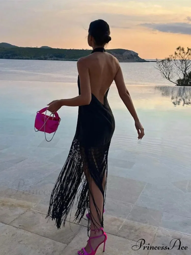 Stylish Fashionable Backless Ruffled Crossed Tasseled Sleeveless Midi Dress - Image 4