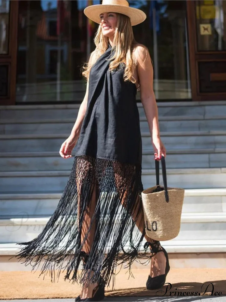 Stylish Fashionable Backless Ruffled Crossed Tasseled Sleeveless Midi Dress - Image 5