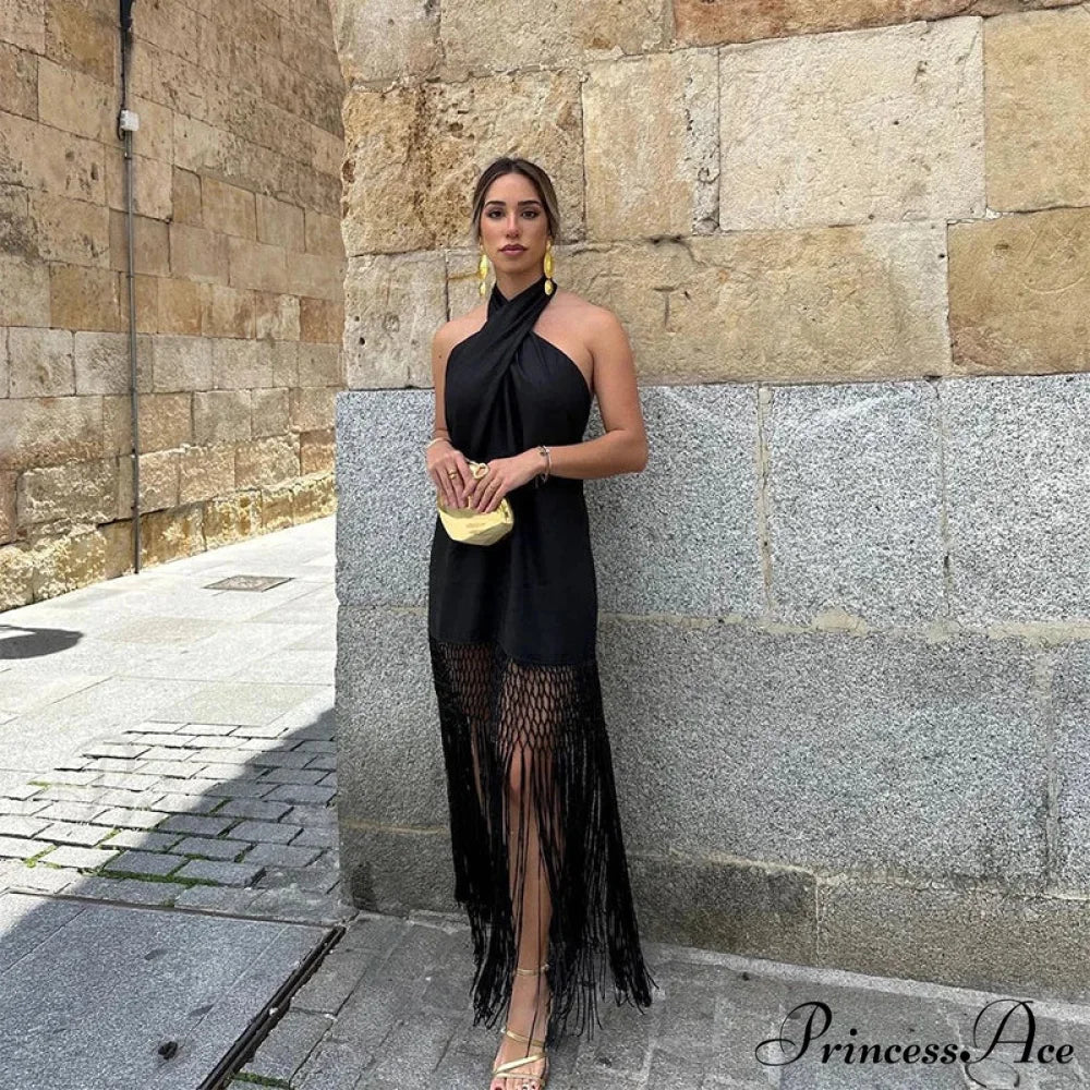 Stylish Fashionable Backless Ruffled Crossed Tasseled Sleeveless Midi Dress - Image 7