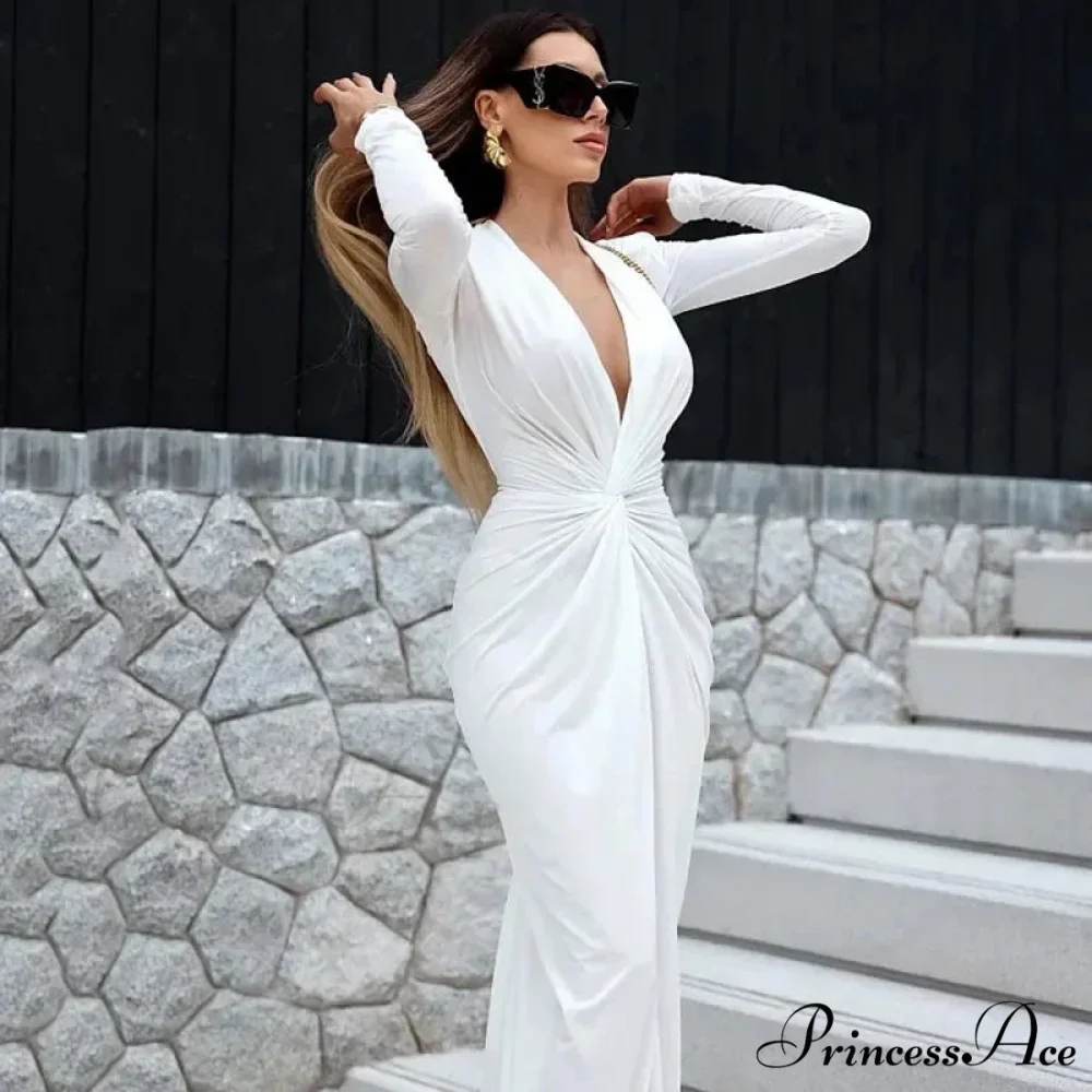 Low Cut Long Sleeve Split Deep Neck Ruched Elegant Midi Dress - Image 2