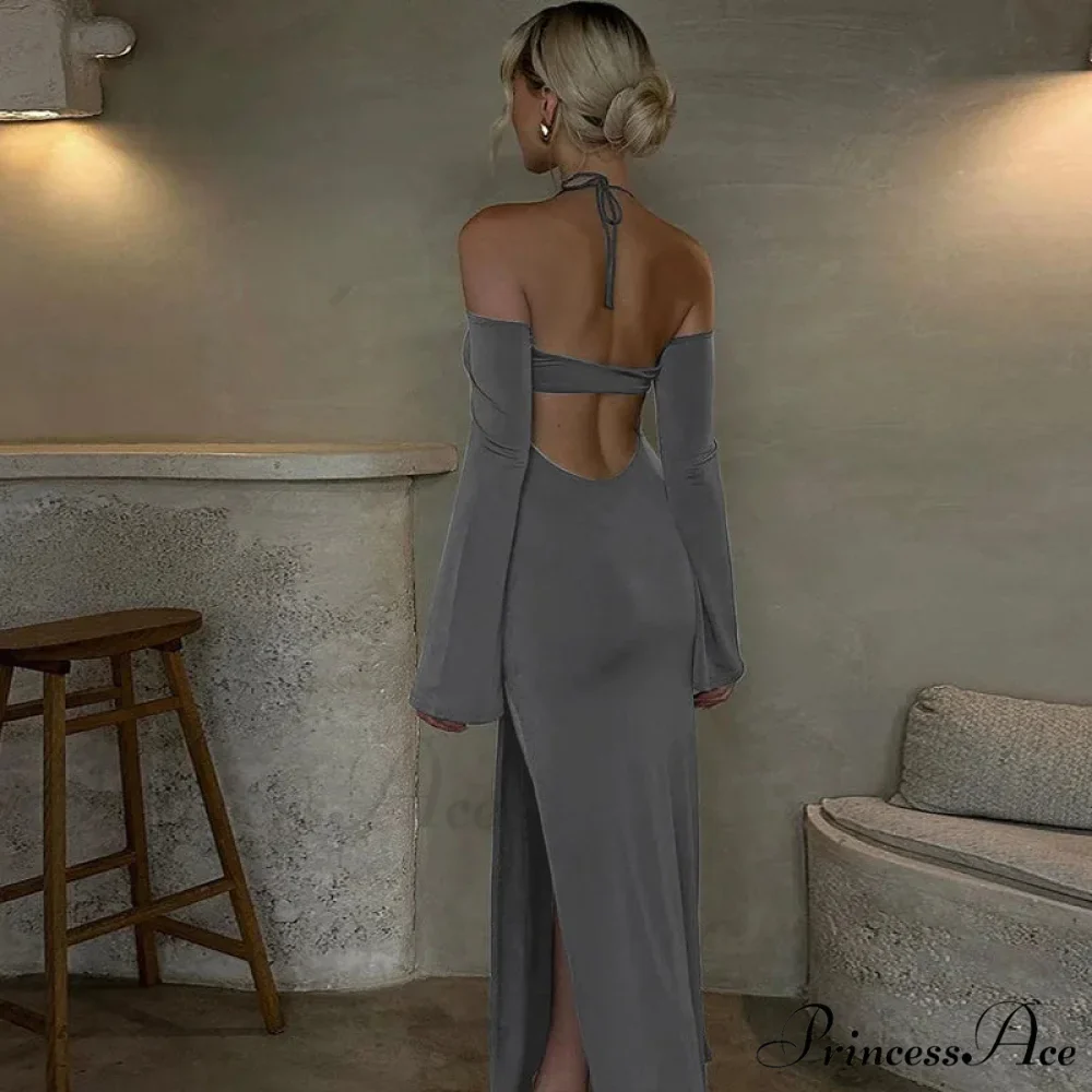 Halter Backless es Elegant Sleeve Club Party Split es Clothes Maxi Dress - Image 4