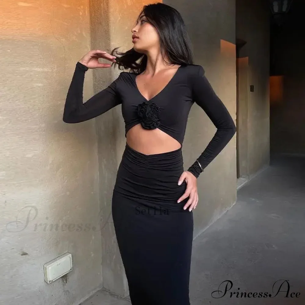 Florale Cut Out Long for Women Long Sleeve Sexy Sexy Midi Dress - Image 2
