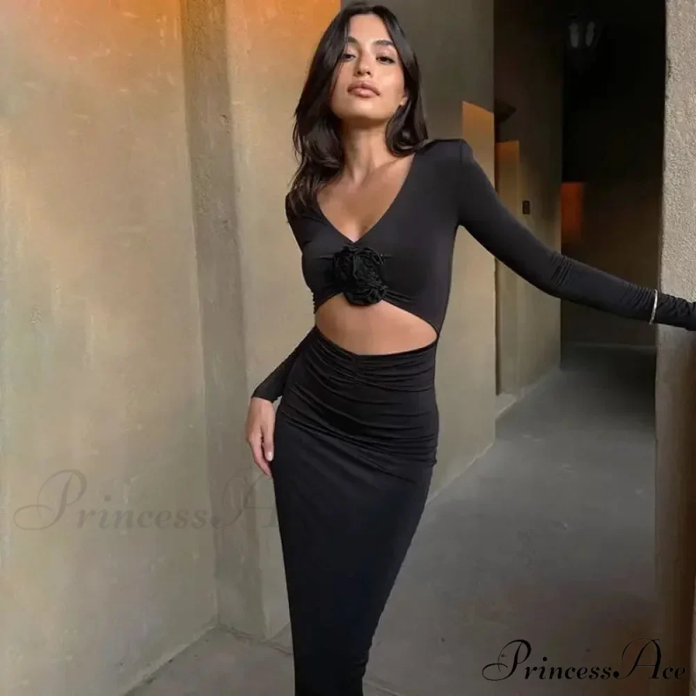 Florale Cut Out Long for Women Long Sleeve Sexy Sexy Midi Dress - Image 7