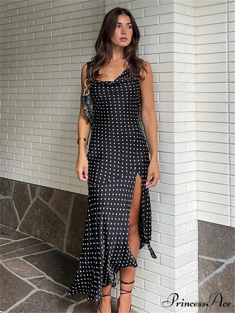 Dot Print Swinging Neck Backless Summer Women Sleeveless Split es Casual Midi Dress - Image 2