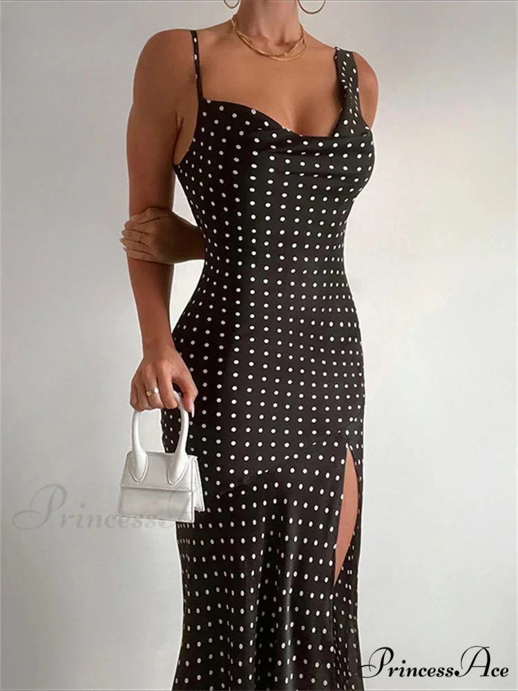 Dot Print Swinging Neck Backless Summer Women Sleeveless Split es Casual Midi Dress - Image 3