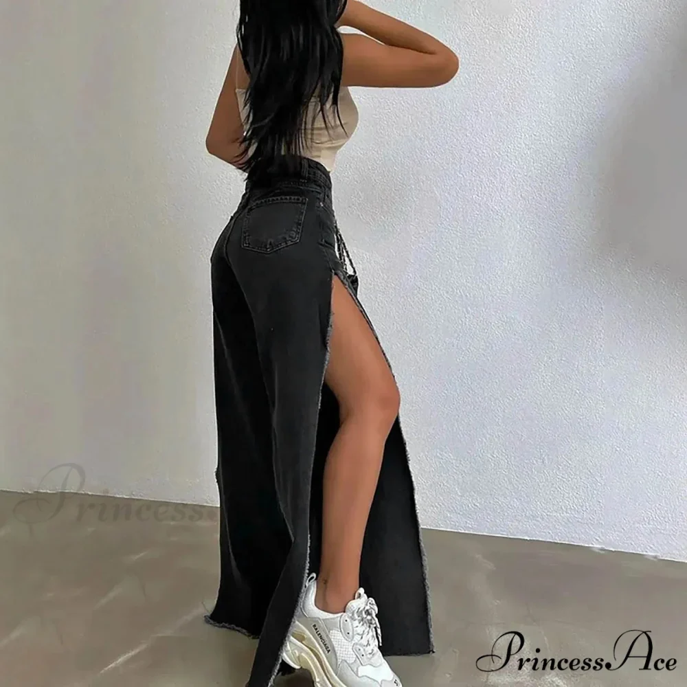 Street Hipster Double-Slit Wide-Leg Denim Jeans - Image 2