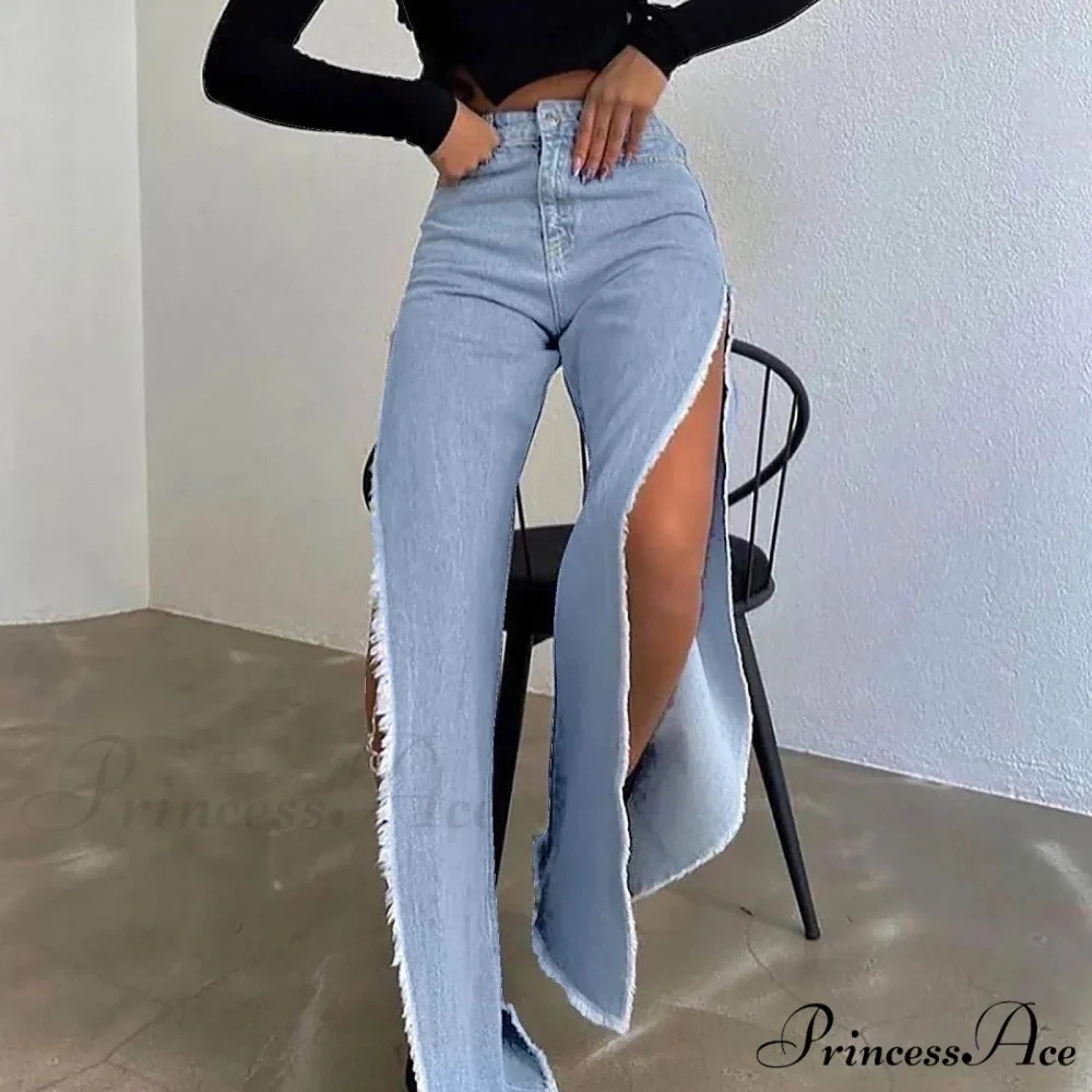 Street Hipster Double-Slit Wide-Leg Denim Jeans - Image 3