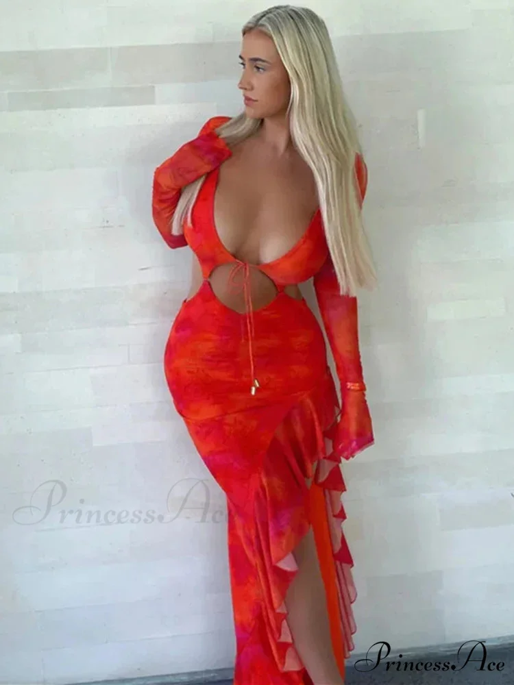 Ruffle Slit Cut Out Backless Elegant Long Sleeve Midi Dress - Image 3