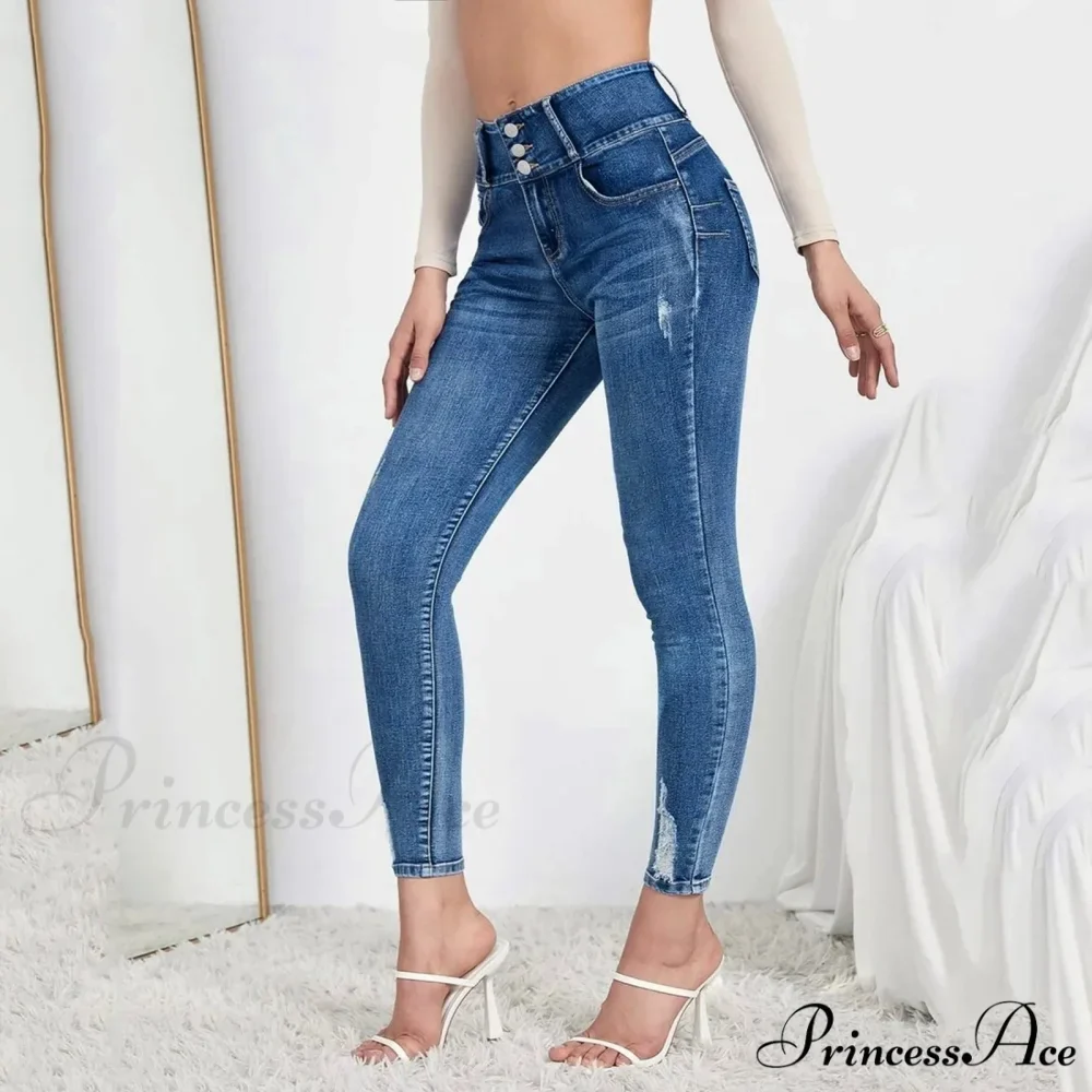 Leg Stretchy High Waisted Buttoned Denim Jeans - Image 2