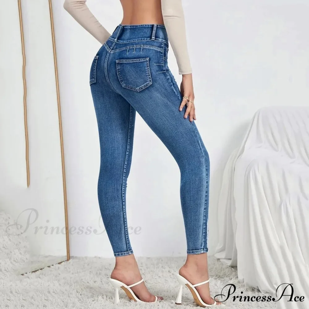 Leg Stretchy High Waisted Buttoned Denim Jeans - Image 3
