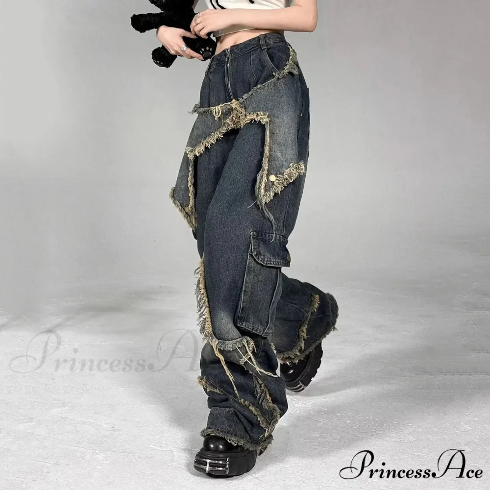 Long Fading Distressed Star Vintage Denim Jeans - Image 3