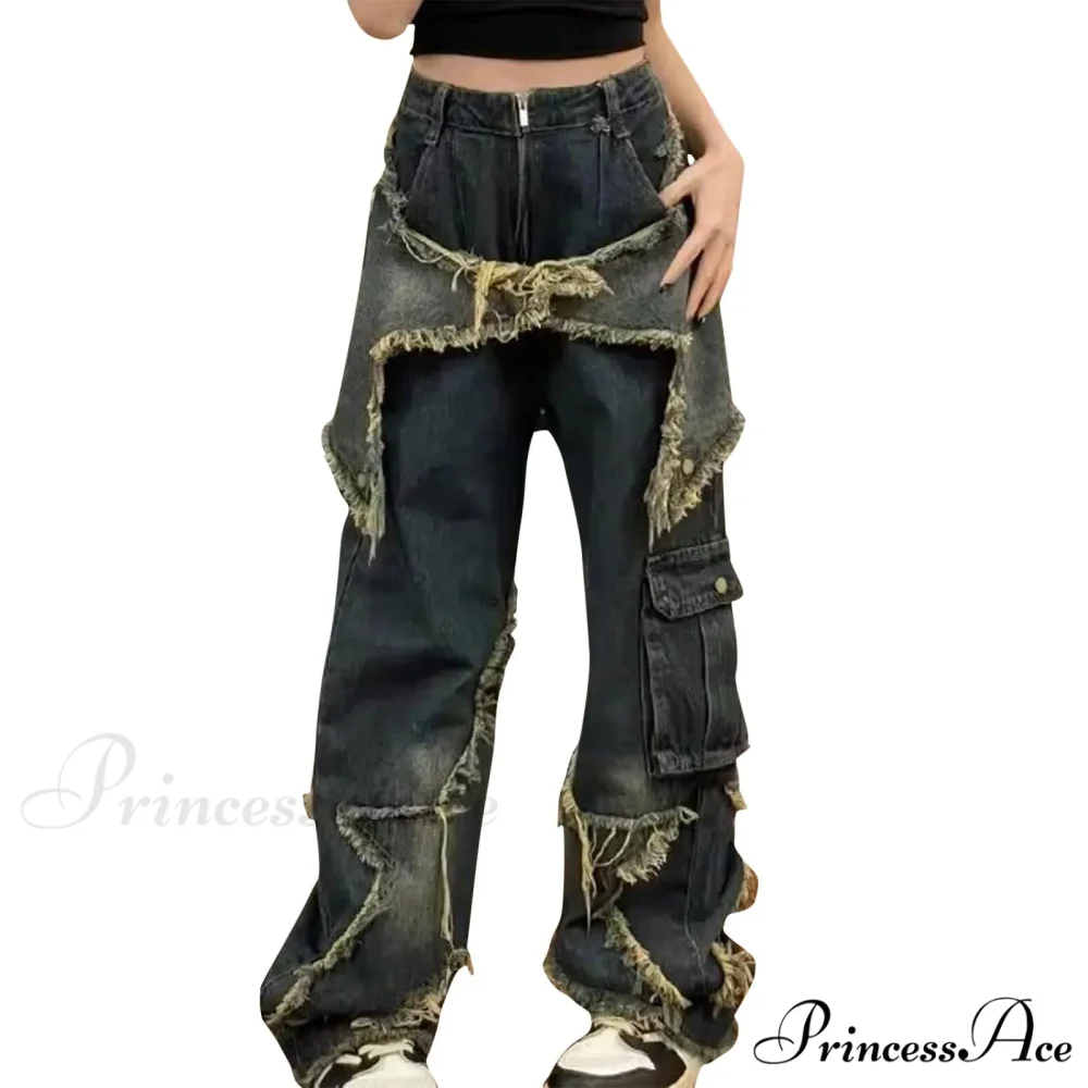 Long Fading Distressed Star Vintage Denim Jeans - Image 4