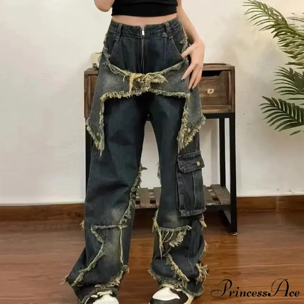 Long Fading Distressed Star Vintage Denim Jeans - Image 5