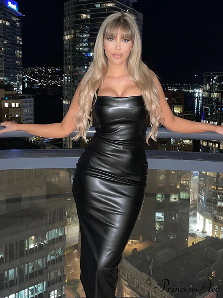 Edgy Faux PU Leather Fashion Sexy Sleeveless Backless Slit Summer Midi Dress - Image 2