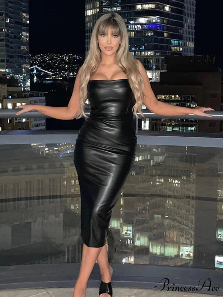 Edgy Faux PU Leather Fashion Sexy Sleeveless Backless Slit Summer Midi Dress - Image 3