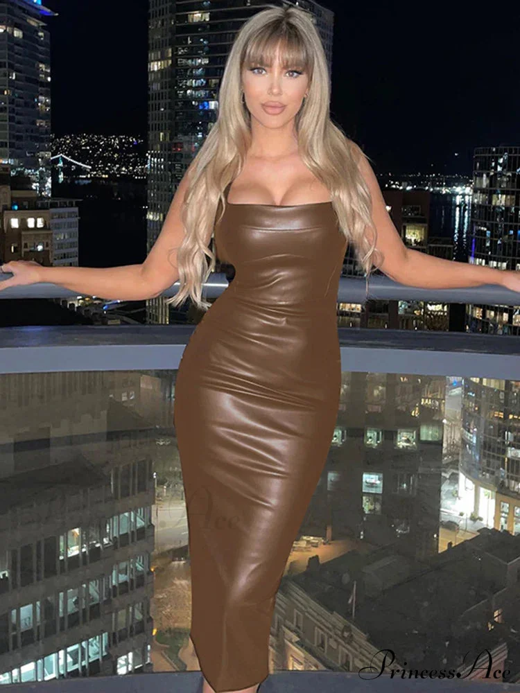 Edgy Faux PU Leather Fashion Sexy Sleeveless Backless Slit Summer Midi Dress - Image 6