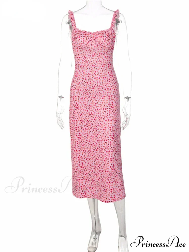 2024 Summer Beach Women's Casual Pink Strap Print Floral Women's Ruched Party Sexy Club Midi Dress - Image 5