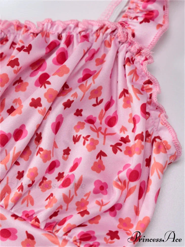 2024 Summer Beach Women's Casual Pink Strap Print Floral Women's Ruched Party Sexy Club Midi Dress - Image 6